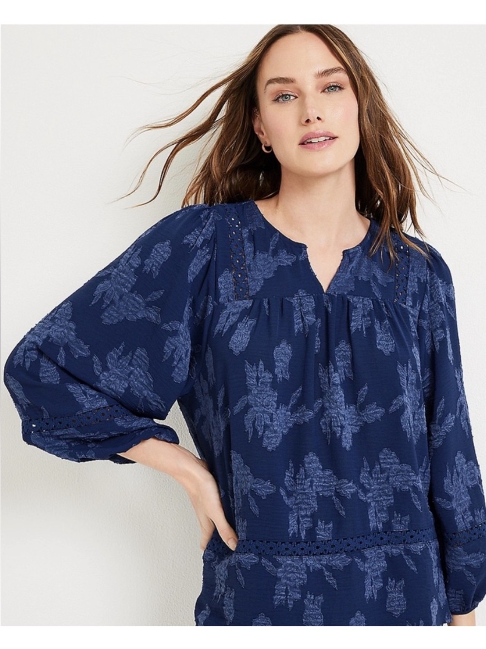 Maurices Blue Floral Jacquard Peasant Top Womens Medium